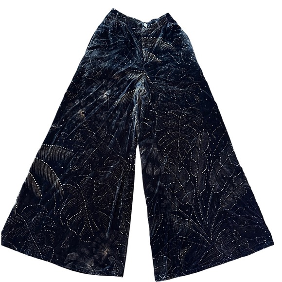 Farm Rio Anthropologie Velvet Wide Leg Pants Sz XS Black Gold Sparkle Designer - Picture 11 of 16